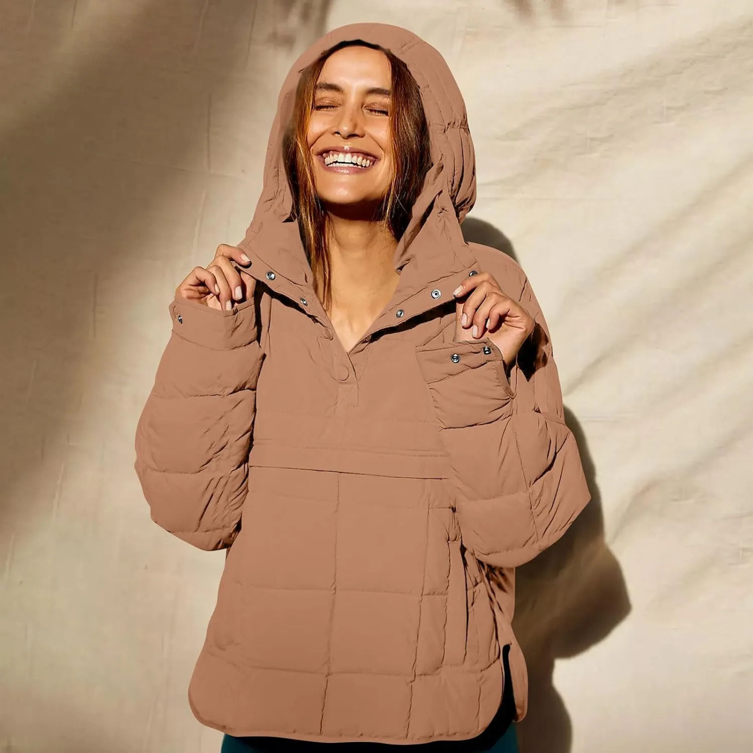 Women Quilted Pullover Packable Puffer Jacket Long Sleeve Quarter Snap Oversized Hoodie Winter Hooded Padded Coat