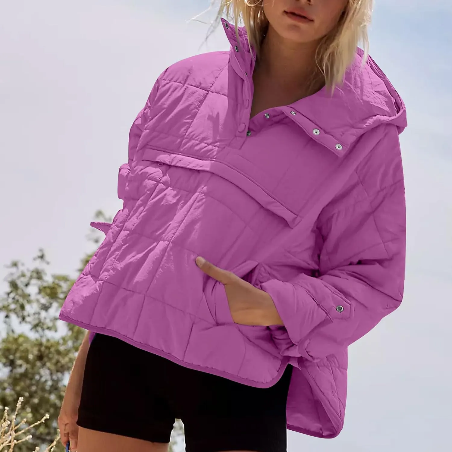 Women Quilted Pullover Packable Puffer Jacket Long Sleeve Quarter Snap Oversized Hoodie Winter Hooded Padded Coat