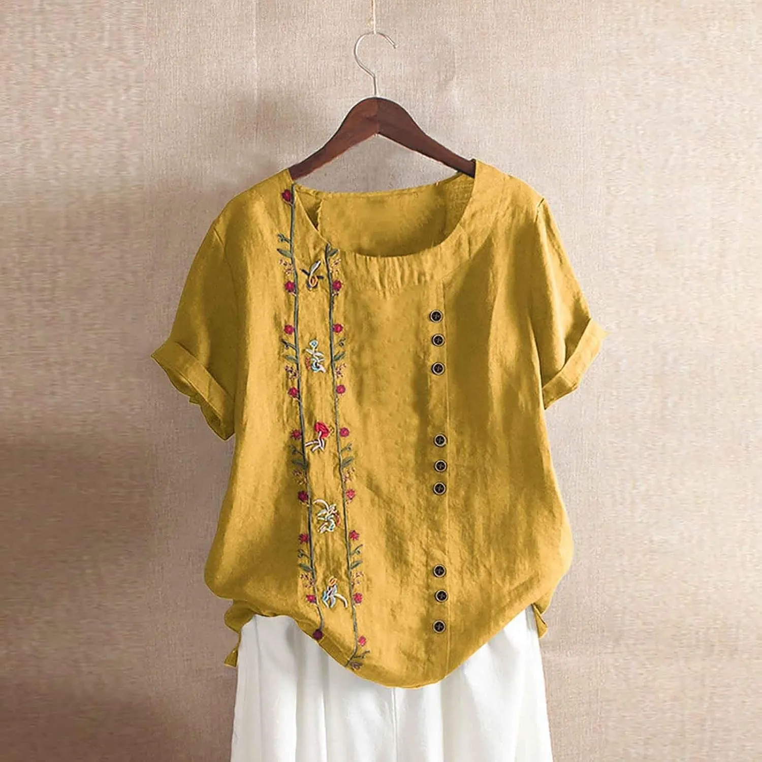 Women Short Sleeve Linen Shirts 2024 Trendy Crewneck Flower Printed Tees Blouse Casual Comfy Cotton Summer Tops