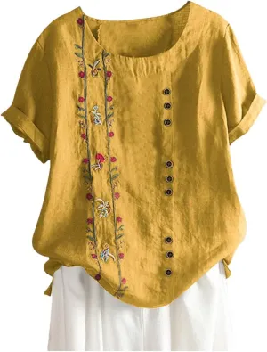 Women Short Sleeve Linen Shirts 2024 Trendy Crewneck Flower Printed Tees Blouse Casual Comfy Cotton Summer Tops