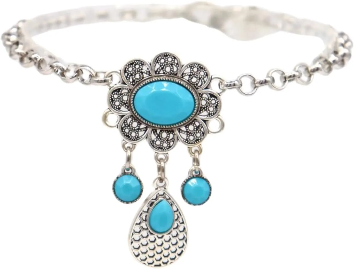 Women Silver Metal Boot Chain Bracelet Shoe Anklet Turquoise Blue Flower Charm Ethnic Fashion Jewelry z031