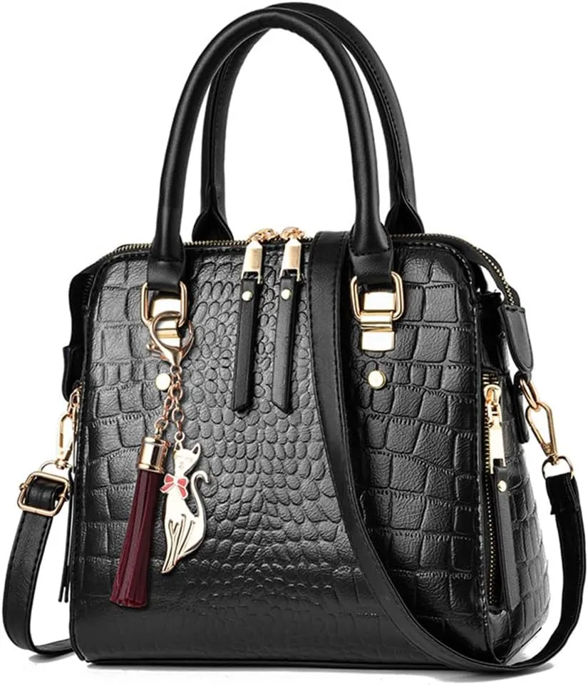 Women Small Top Handle Handbag Crocodile Pattern Satchel PU Fox Tassel Pendant Shoulder Bags Dark Green