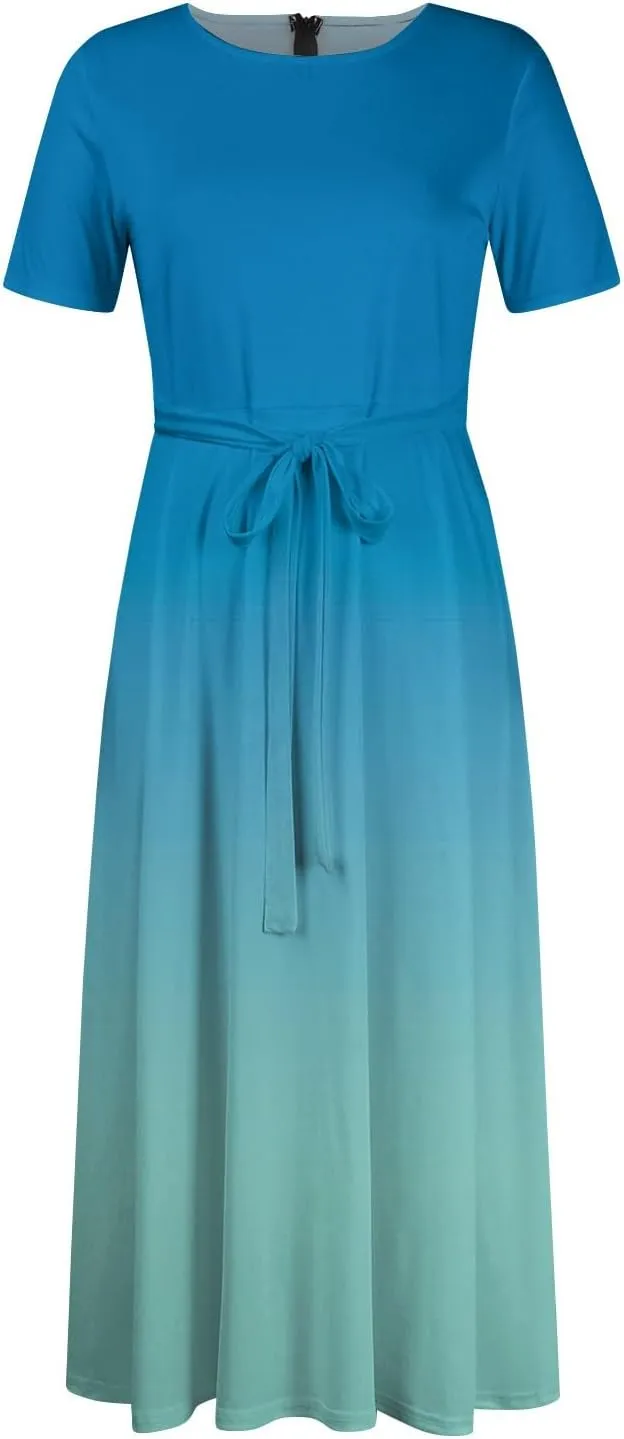Women Spring 2025 High Waist Short Sleeve Casual Round Neck Gradient Drawstring Swing Big Hem Maxi Dresses, XL-5XL