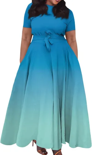 Women Spring 2025 High Waist Short Sleeve Casual Round Neck Gradient Drawstring Swing Big Hem Maxi Dresses, XL-5XL