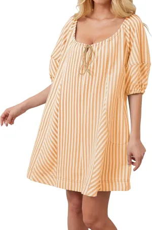 Women Striped Summer Dress with Pockets Casual Loose Puff Sleeve Mini Dress Adjustable V Neck Oversized Sundress