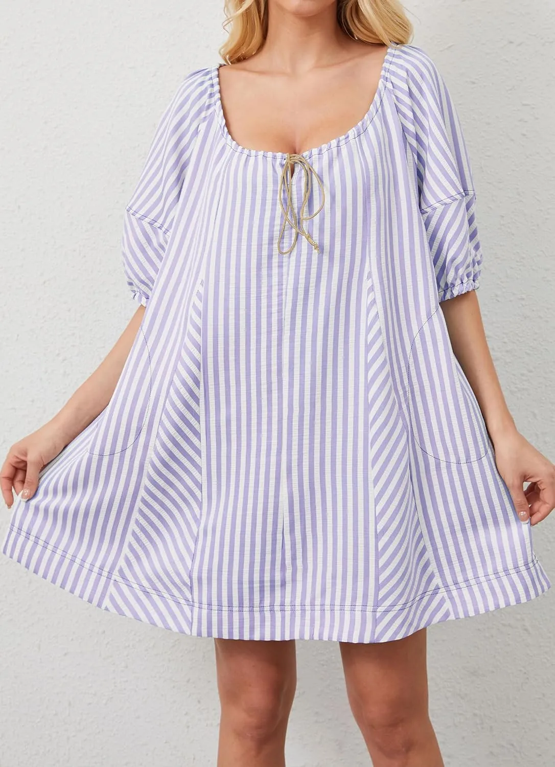 Women Striped Summer Dress with Pockets Casual Loose Puff Sleeve Mini Dress Adjustable V Neck Oversized Sundress