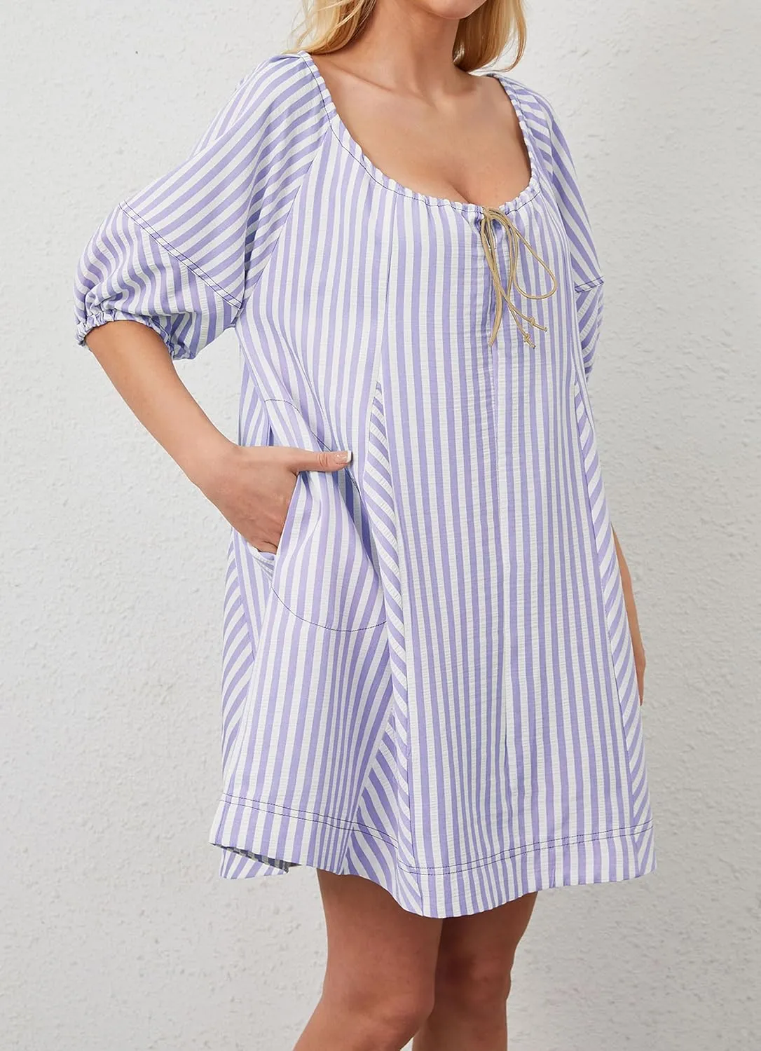 Women Striped Summer Dress with Pockets Casual Loose Puff Sleeve Mini Dress Adjustable V Neck Oversized Sundress
