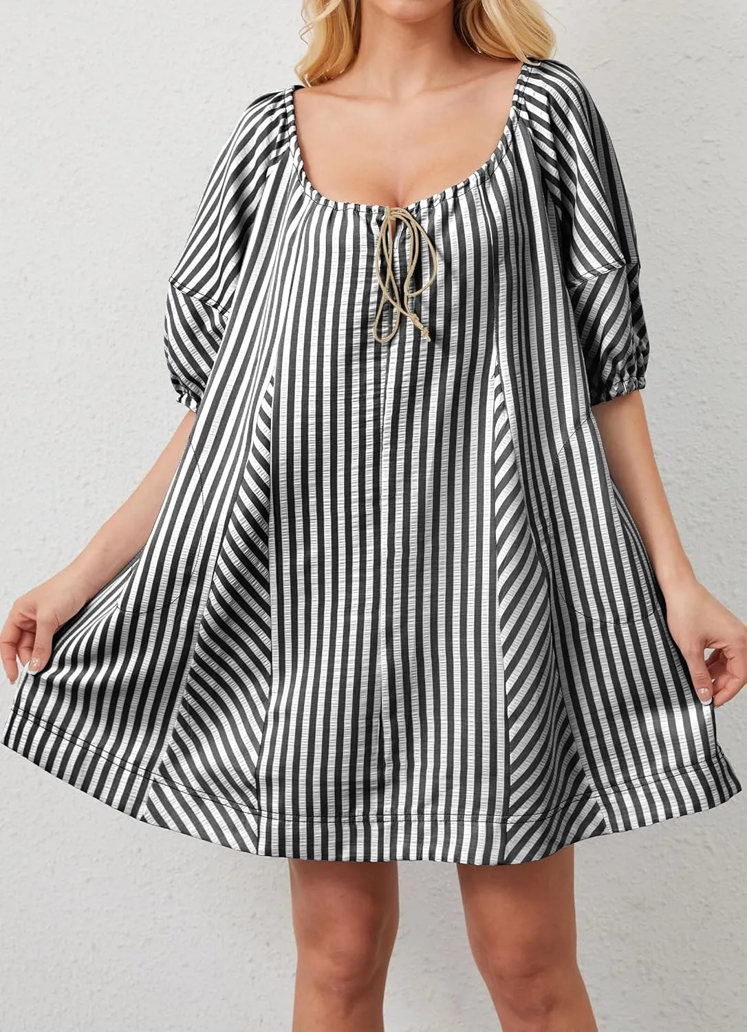 Women Striped Summer Dress with Pockets Casual Loose Puff Sleeve Mini Dress Adjustable V Neck Oversized Sundress