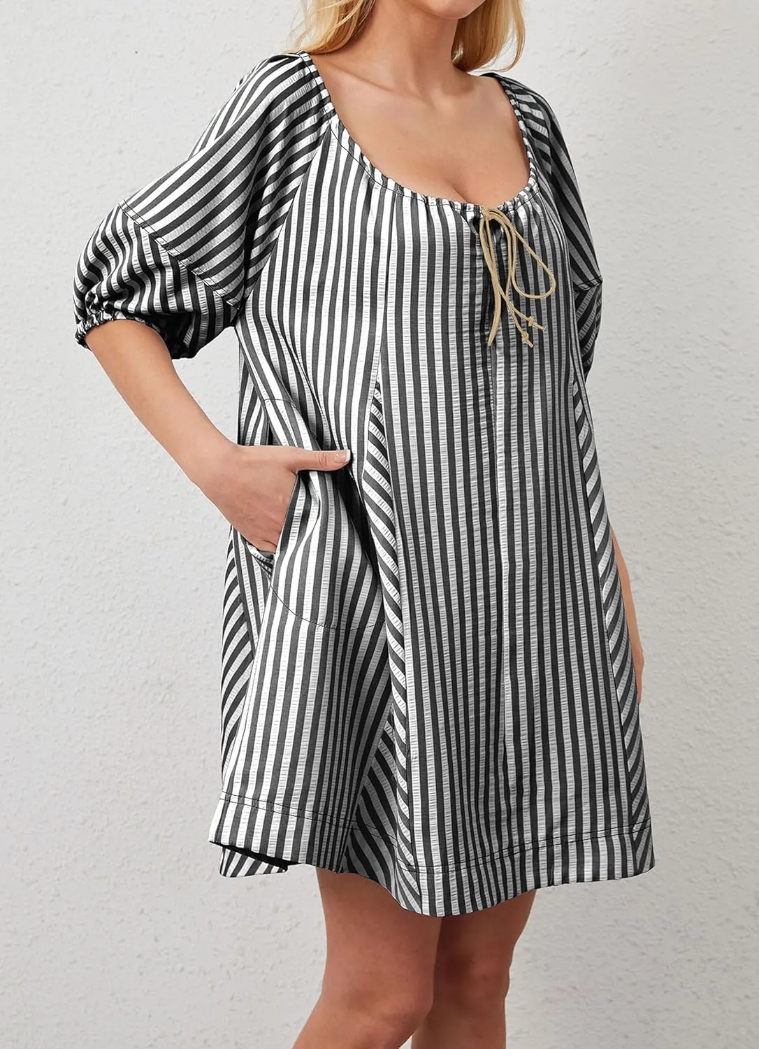 Women Striped Summer Dress with Pockets Casual Loose Puff Sleeve Mini Dress Adjustable V Neck Oversized Sundress