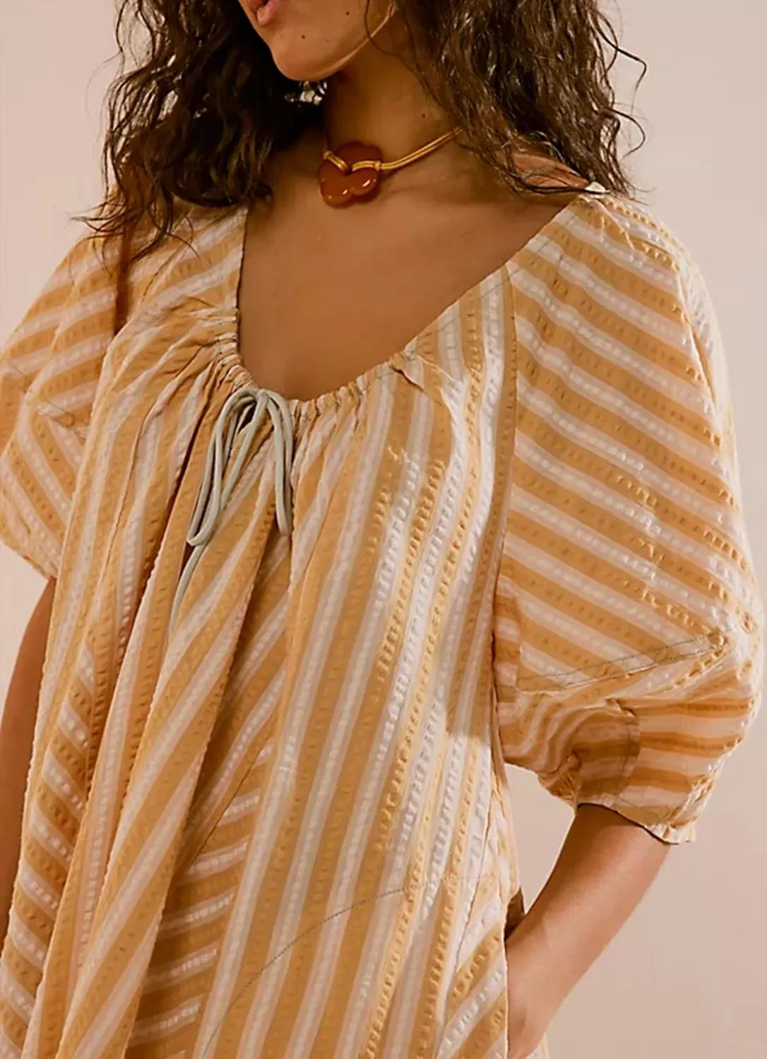 Women Striped Summer Dress with Pockets Casual Loose Puff Sleeve Mini Dress Adjustable V Neck Oversized Sundress