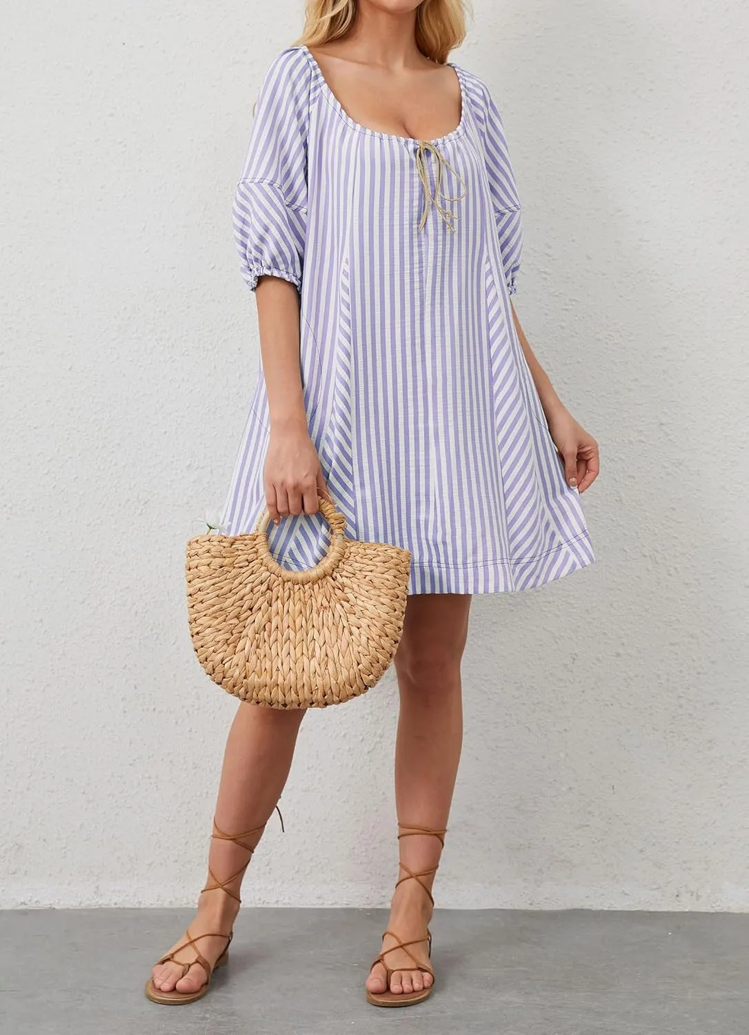 Women Striped Summer Dress with Pockets Casual Loose Puff Sleeve Mini Dress Adjustable V Neck Oversized Sundress
