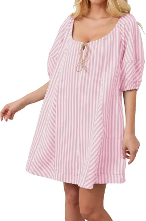 Women Striped Summer Dress with Pockets Casual Loose Puff Sleeve Mini Dress Adjustable V Neck Oversized Sundress