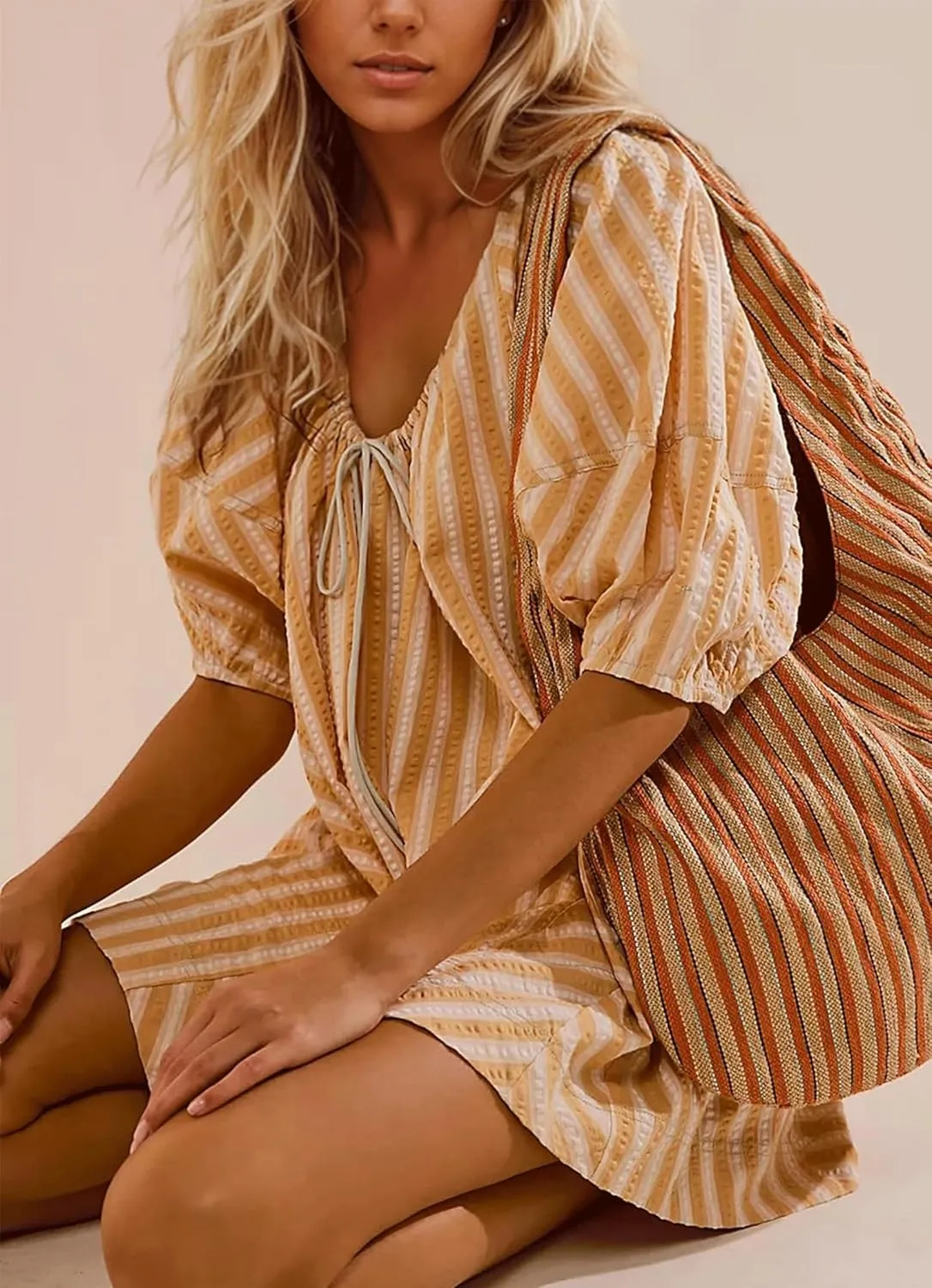 Women Striped Summer Dress with Pockets Casual Loose Puff Sleeve Mini Dress Adjustable V Neck Oversized Sundress