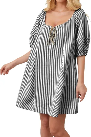 Women Striped Summer Dress with Pockets Casual Loose Puff Sleeve Mini Dress Adjustable V Neck Oversized Sundress