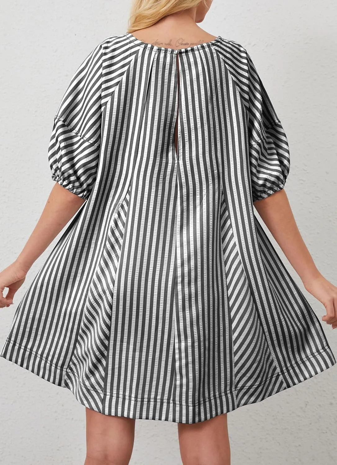 Women Striped Summer Dress with Pockets Casual Loose Puff Sleeve Mini Dress Adjustable V Neck Oversized Sundress