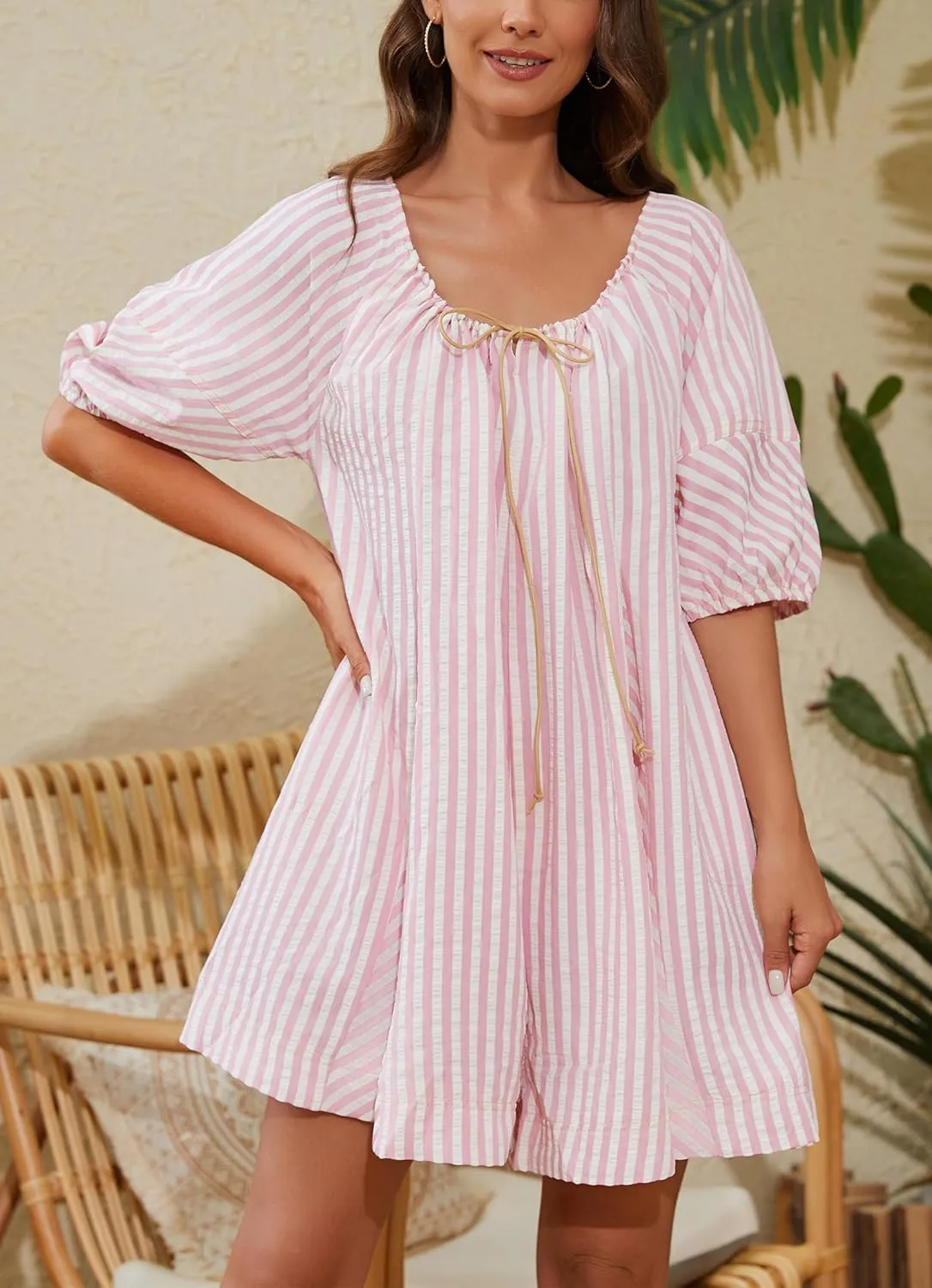 Women Striped Summer Dress with Pockets Casual Loose Puff Sleeve Mini Dress Adjustable V Neck Oversized Sundress