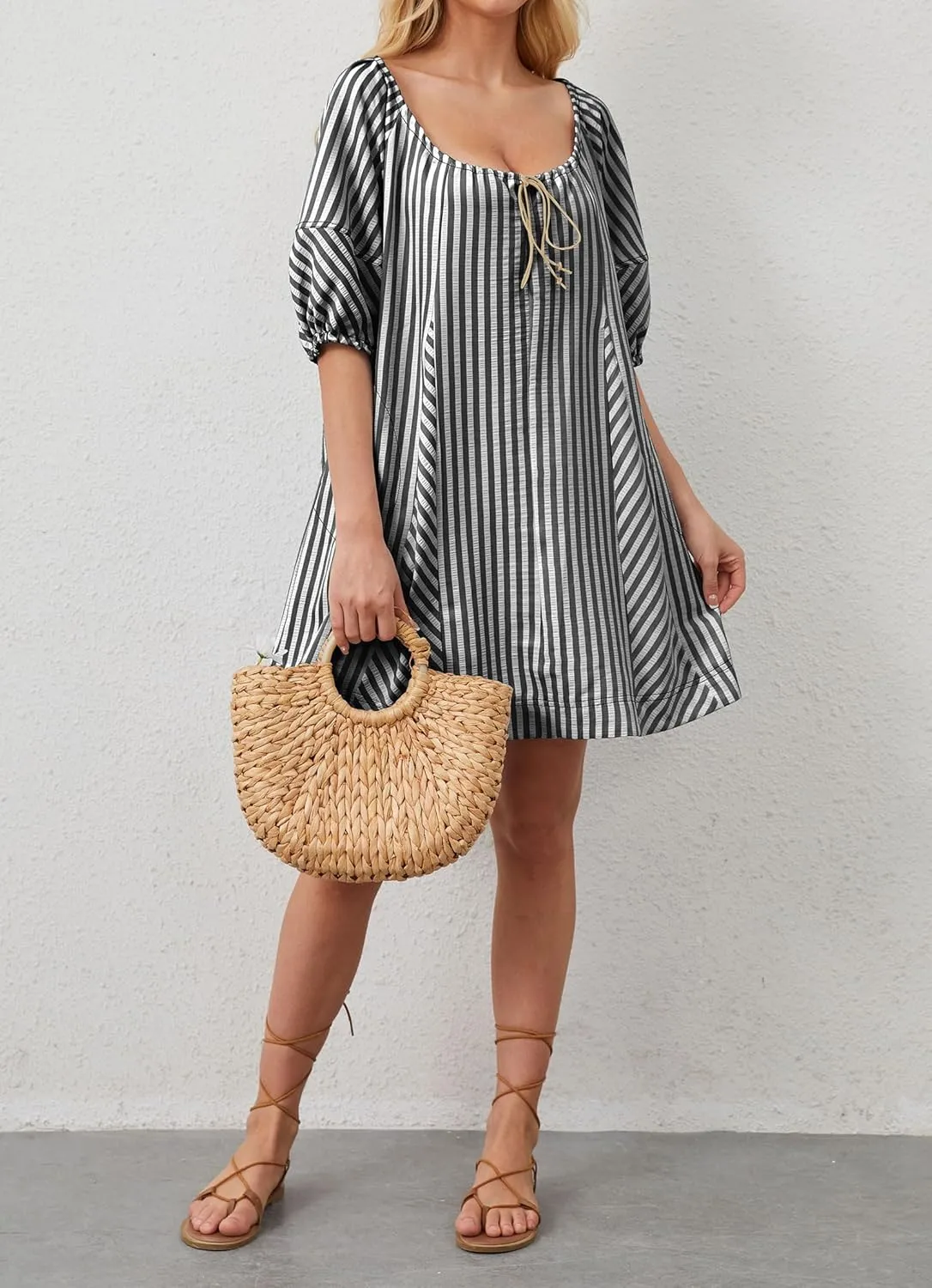 Women Striped Summer Dress with Pockets Casual Loose Puff Sleeve Mini Dress Adjustable V Neck Oversized Sundress