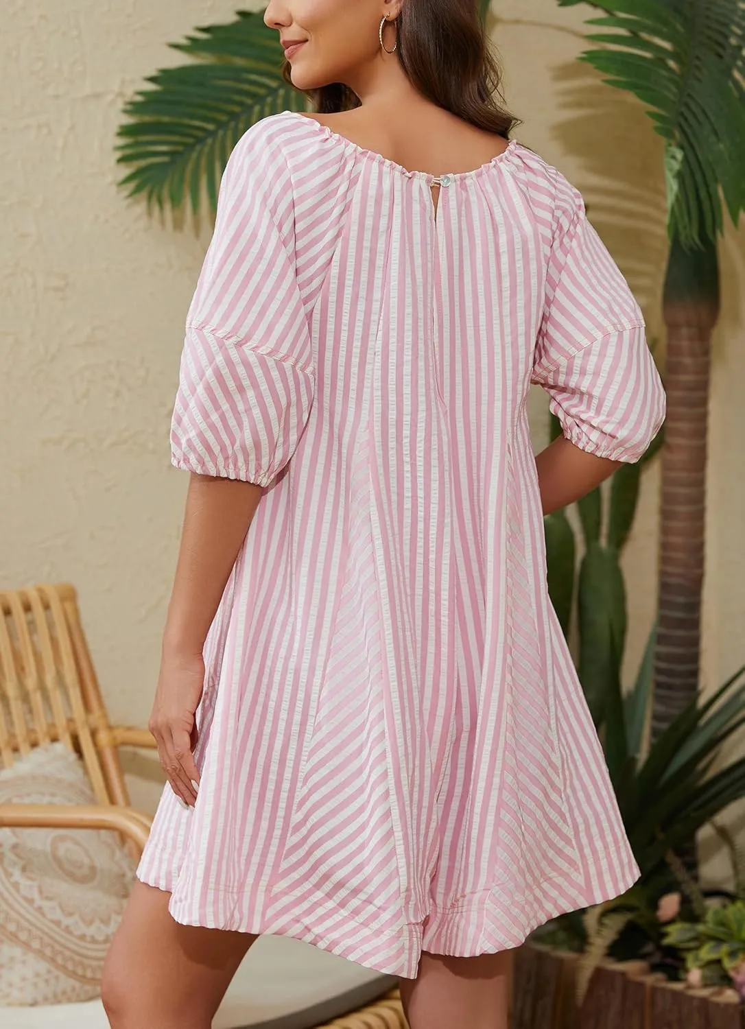 Women Striped Summer Dress with Pockets Casual Loose Puff Sleeve Mini Dress Adjustable V Neck Oversized Sundress