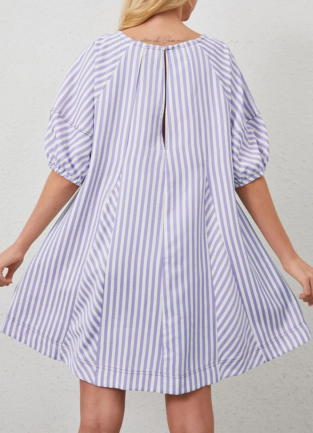 Women Striped Summer Dress with Pockets Casual Loose Puff Sleeve Mini Dress Adjustable V Neck Oversized Sundress