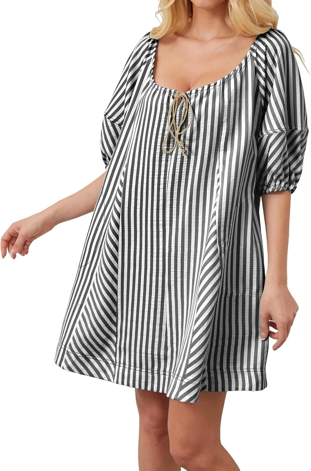 Women Striped Summer Dress with Pockets Casual Loose Puff Sleeve Mini Dress Adjustable V Neck Oversized Sundress