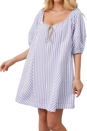 Women Striped Summer Dress with Pockets Casual Loose Puff Sleeve Mini Dress Adjustable V Neck Oversized Sundress