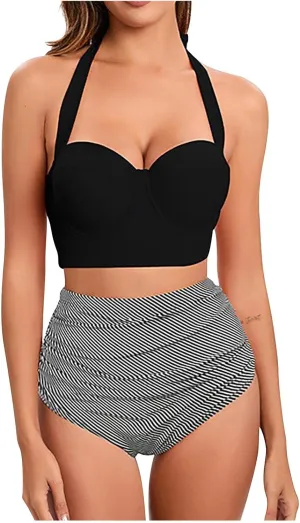 Women's 2 Piece Bikini Sets Tie Back Swim Suits High Waisted Push Up Cami Bra with Shorts Swimsuit Set