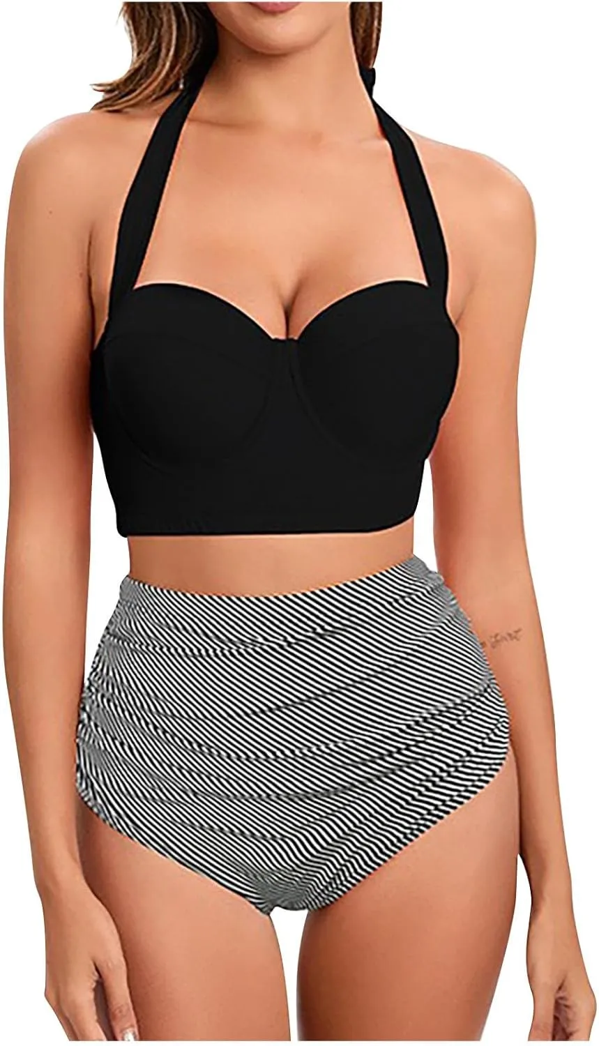 Women's 2 Piece Bikini Sets Tie Back Swim Suits High Waisted Push Up Cami Bra with Shorts Swimsuit Set
