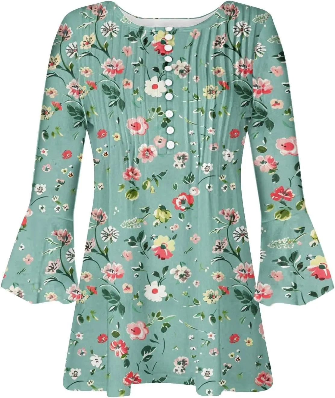 Womens 3/4 Sleeve Floral Top Vintage V Neck T Shirts Button Down Blouse Dressy Flowy Tops Trendy Loose Tops Blouse