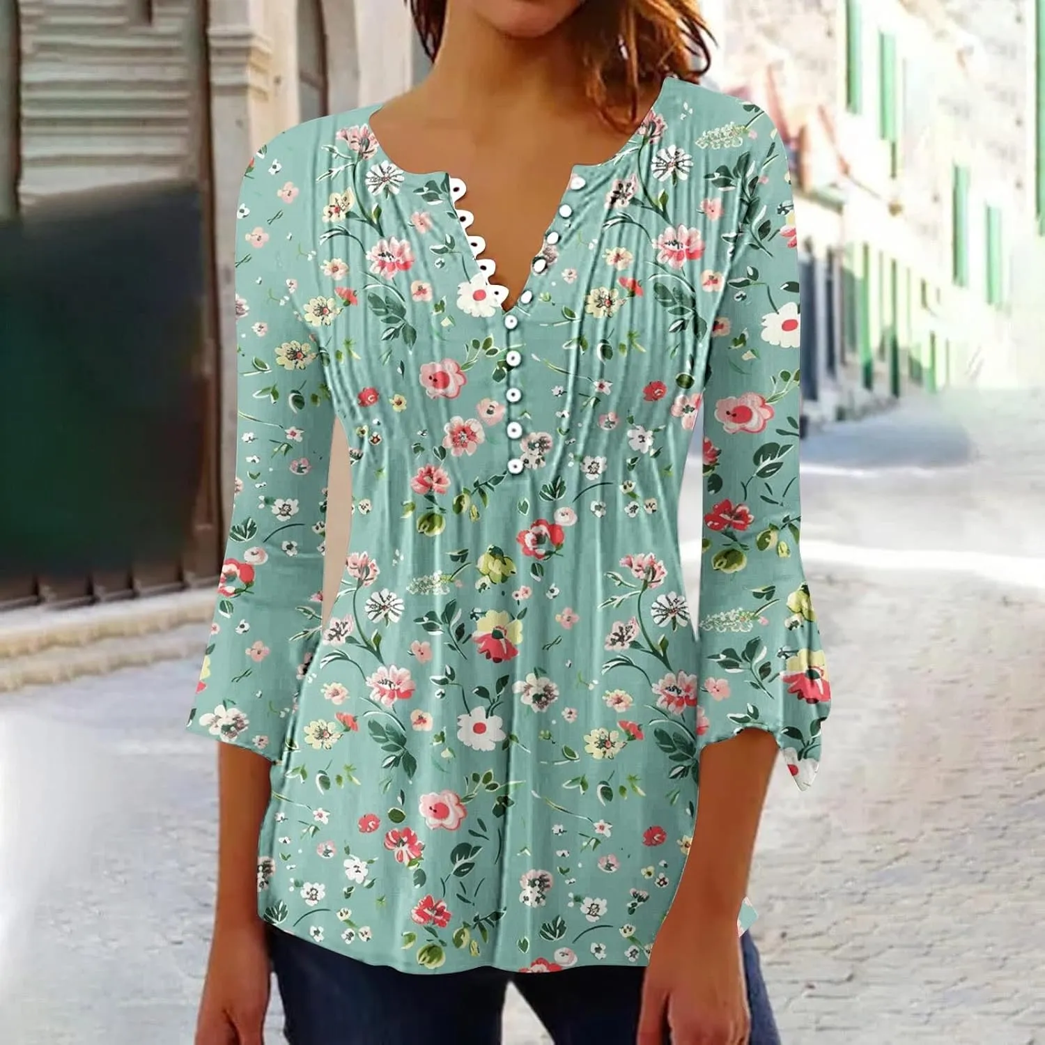 Womens 3/4 Sleeve Floral Top Vintage V Neck T Shirts Button Down Blouse Dressy Flowy Tops Trendy Loose Tops Blouse