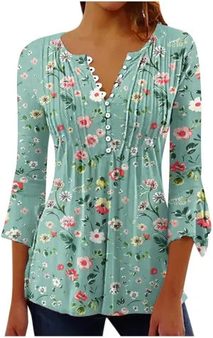 Womens 3/4 Sleeve Floral Top Vintage V Neck T Shirts Button Down Blouse Dressy Flowy Tops Trendy Loose Tops Blouse