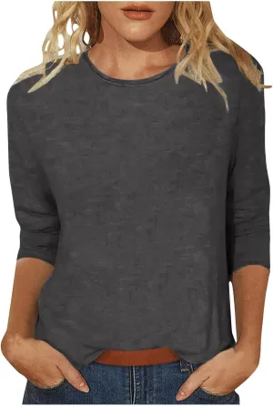 Women's 3/4 Sleeve Tops Trendy Summer 2025 Crew Neck Solid Color T-Shirts Slim Tunic Blouses Loose Fit Workout Outfits