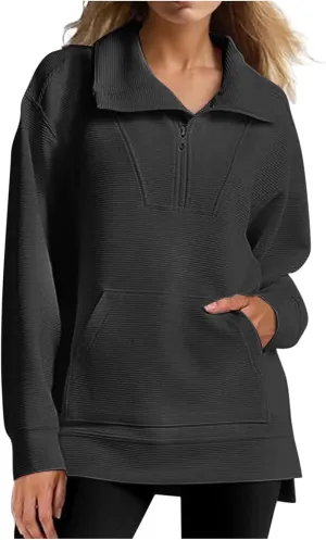 Womens 3/4 Zip Pullover Stand Collar Half Zip Sweatshirt with Pocket Casual Loose Fit Tunic Tops 2025 Spring Outfits
