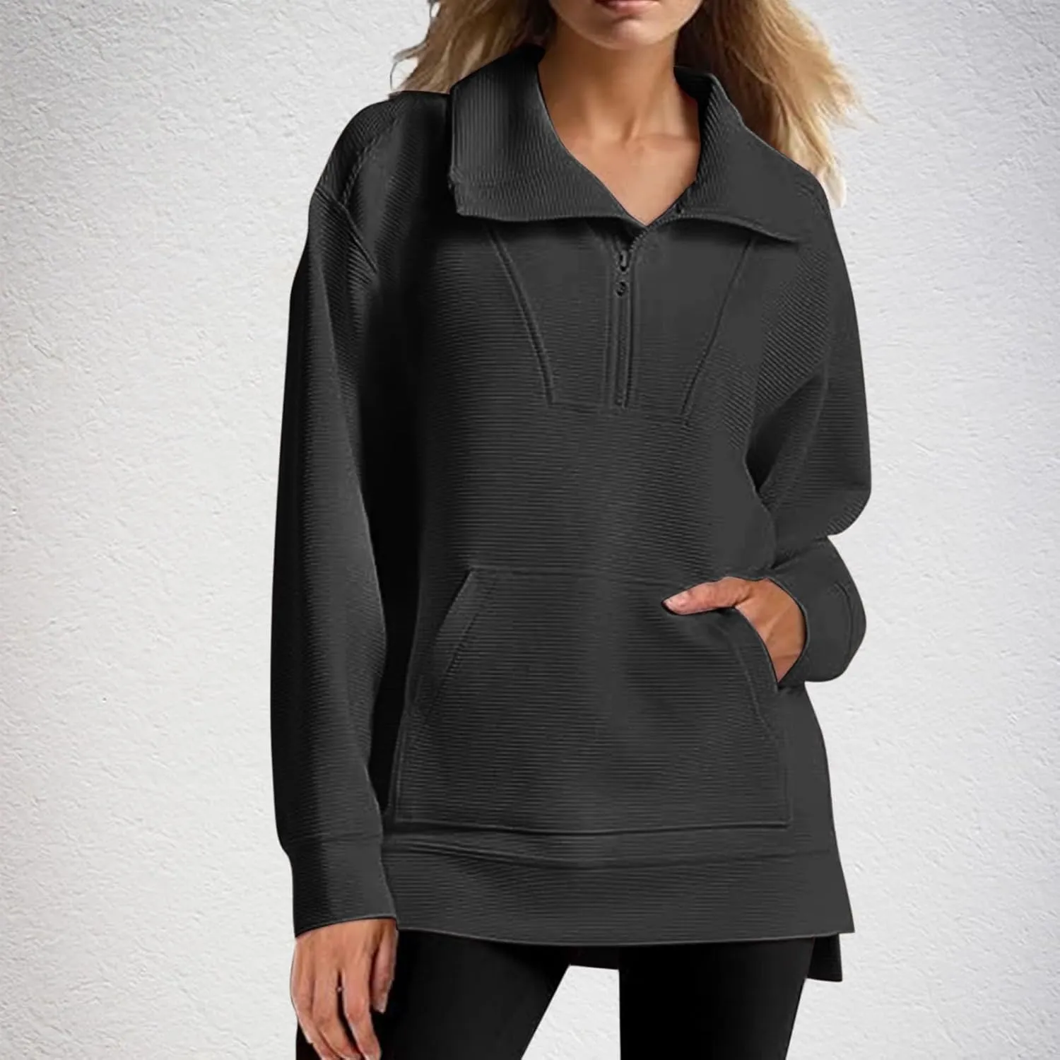 Womens 3/4 Zip Pullover Stand Collar Half Zip Sweatshirt with Pocket Casual Loose Fit Tunic Tops 2025 Spring Outfits