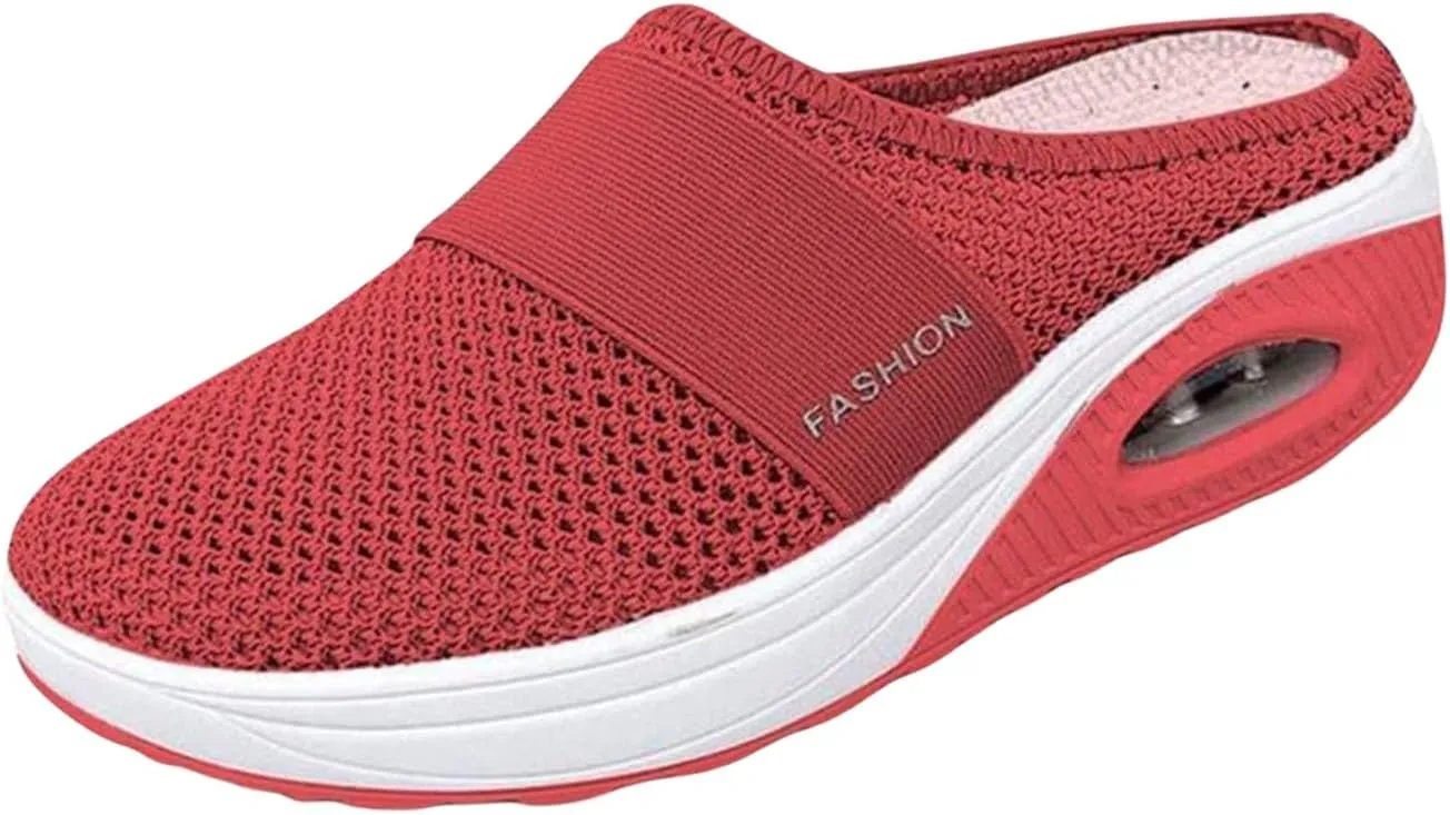 Womens Air Cushion Slip-On Walking Shoes Mesh Breathable Arch Support Sandals Closed Toe Wedge Platform Slippers