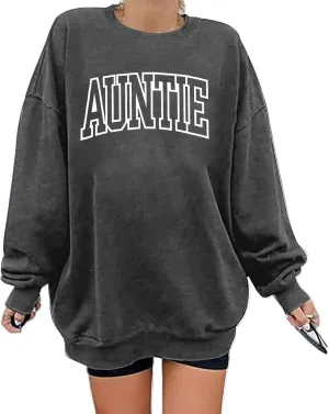 Womens Aunt Sweatshirt Auntie Letter Print Long Sleeve Pullover Top Oversized Cool Aunt Embroidered Crewneck Shirts