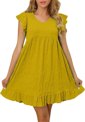 Women's Babydoll Mini Dress Cute Round Neck Ruffle Sleeve Tiered Dresses Solid Color Casual Loose Fit Sweatwear