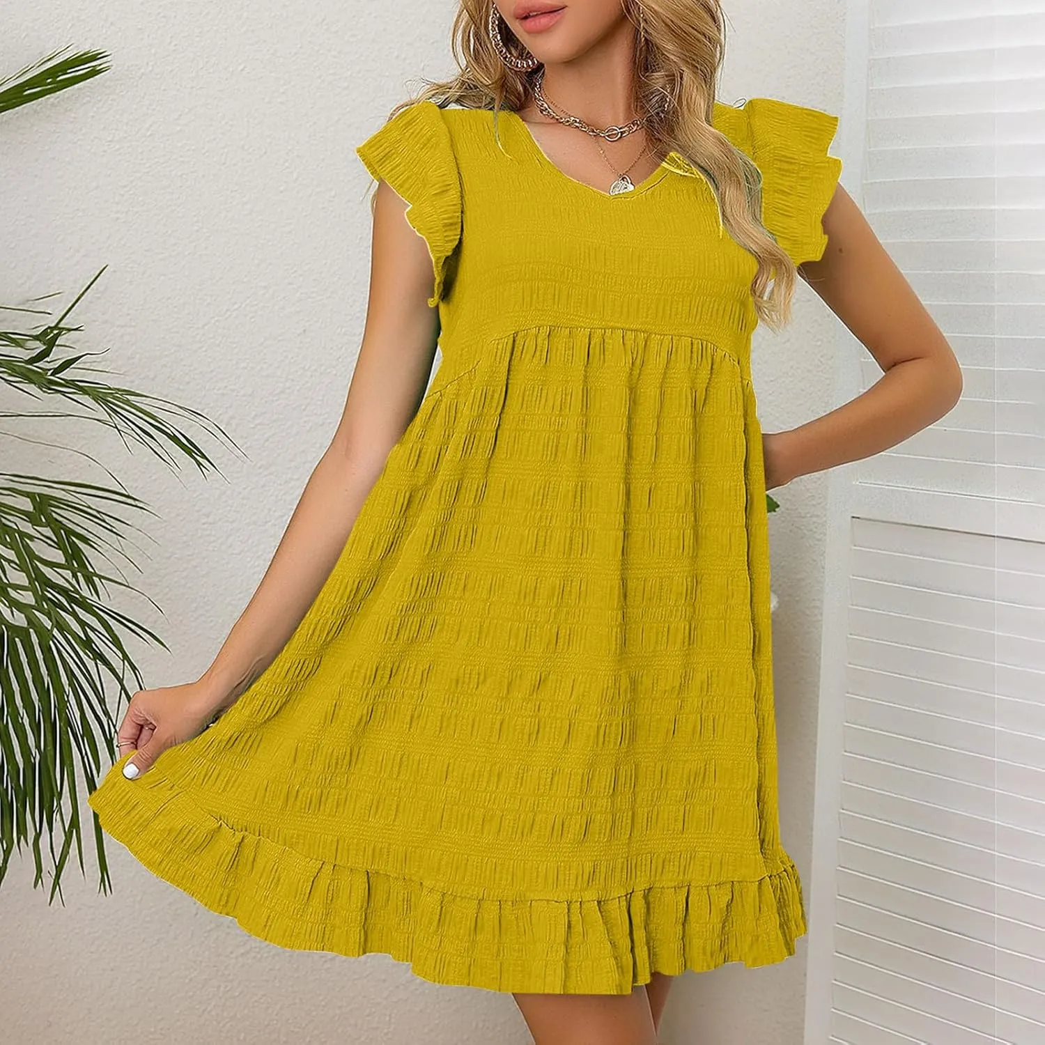 Women's Babydoll Mini Dress Cute Round Neck Ruffle Sleeve Tiered Dresses Solid Color Casual Loose Fit Sweatwear