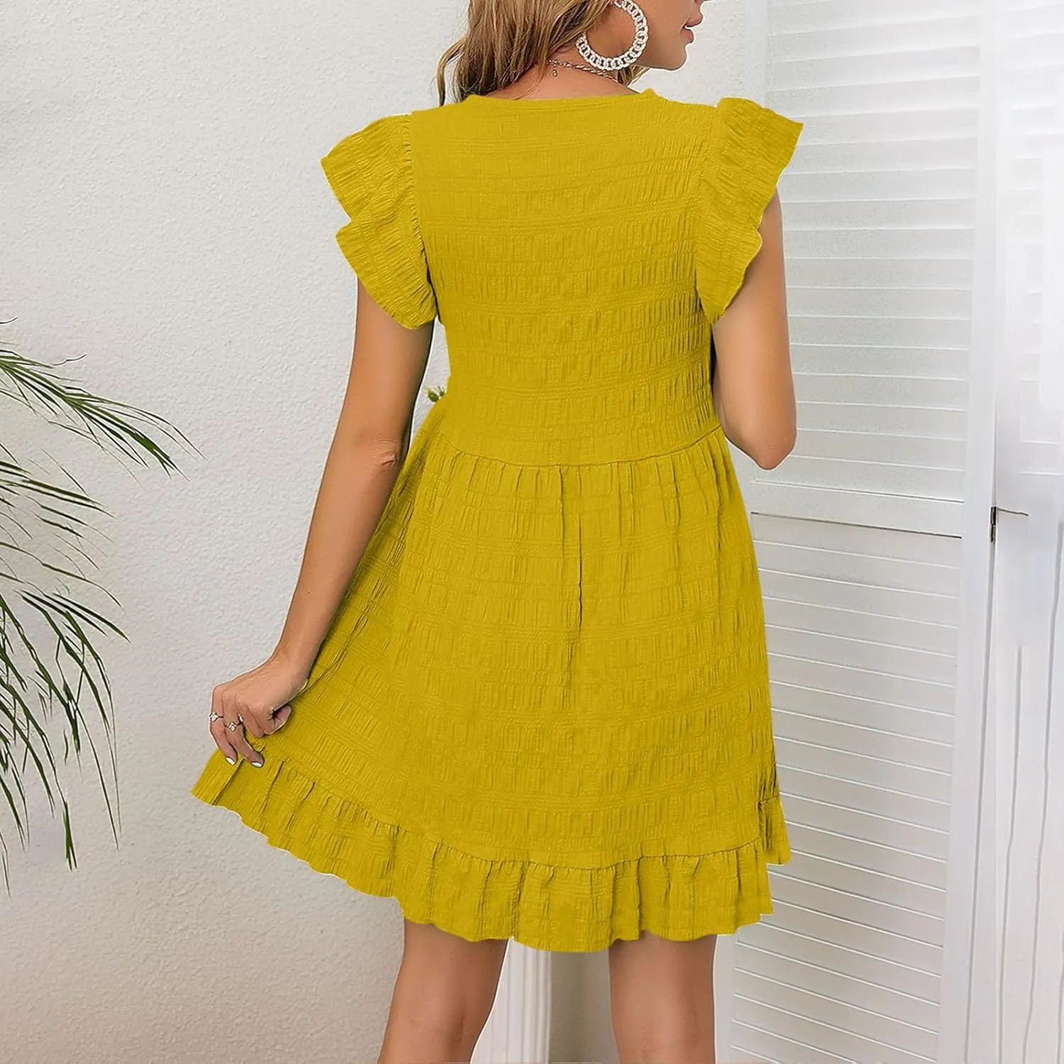 Women's Babydoll Mini Dress Cute Round Neck Ruffle Sleeve Tiered Dresses Solid Color Casual Loose Fit Sweatwear