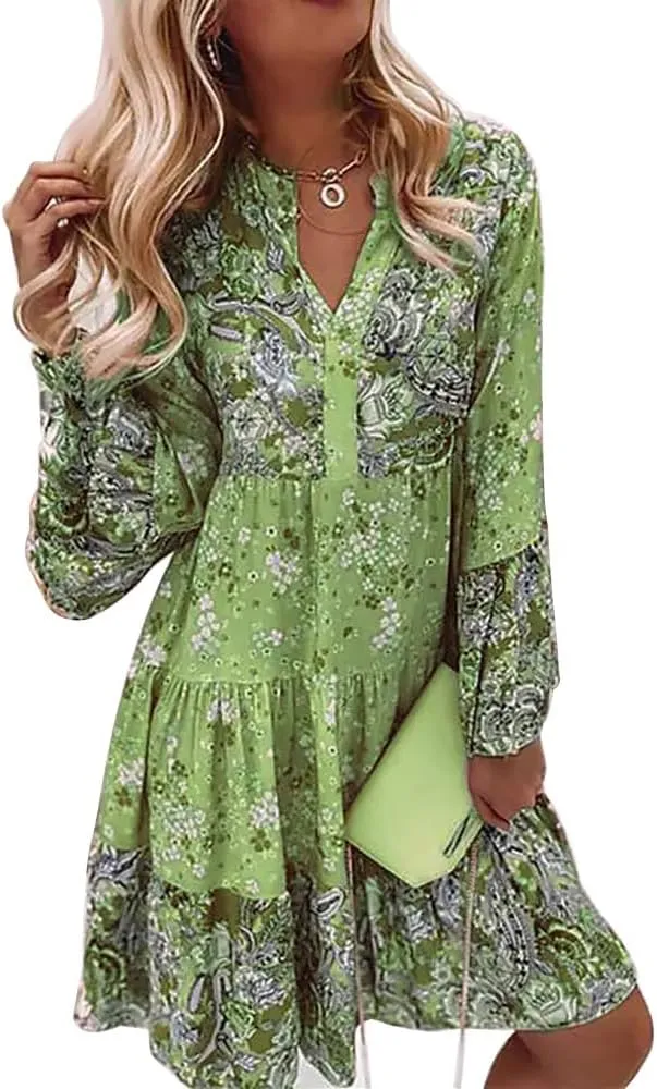 Women's Boho Floral Bell Long Sleeve Short Dress Flowy V Neck Ruffle Beach Vacation Mini Dresses