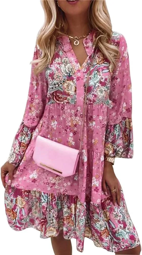 Women's Boho Floral Bell Long Sleeve Short Dress Flowy V Neck Ruffle Beach Vacation Mini Dresses