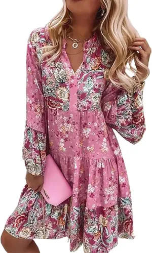 Women's Boho Floral Bell Long Sleeve Short Dress Flowy V Neck Ruffle Beach Vacation Mini Dresses