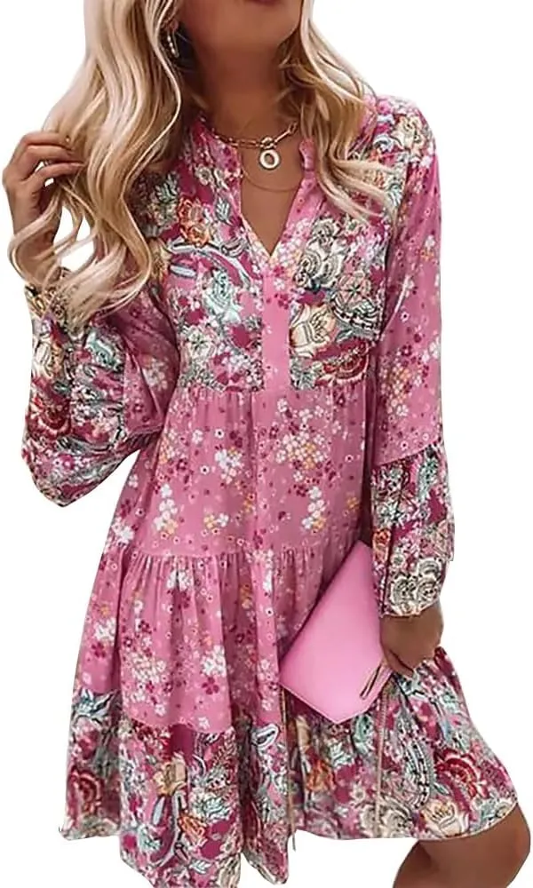 Women's Boho Floral Bell Long Sleeve Short Dress Flowy V Neck Ruffle Beach Vacation Mini Dresses