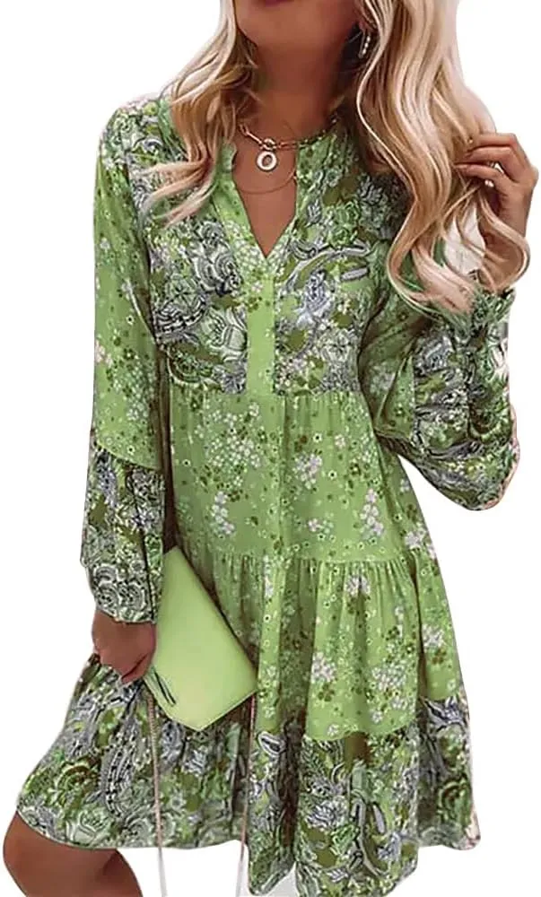 Women's Boho Floral Bell Long Sleeve Short Dress Flowy V Neck Ruffle Beach Vacation Mini Dresses