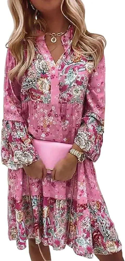 Women's Boho Floral Bell Long Sleeve Short Dress Flowy V Neck Ruffle Beach Vacation Mini Dresses
