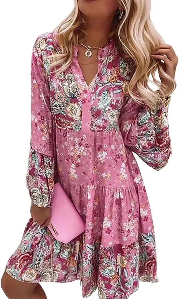 Women's Boho Floral Bell Long Sleeve Short Dress Flowy V Neck Ruffle Beach Vacation Mini Dresses