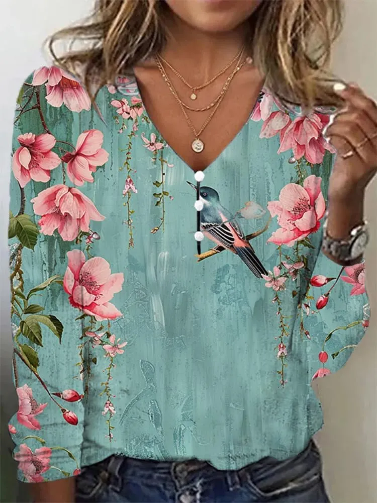 Womens Boho Floral Print Tops Dressy Slim Fit Vintage Womens Summer Tops V Neck Button Down Shirts for Women