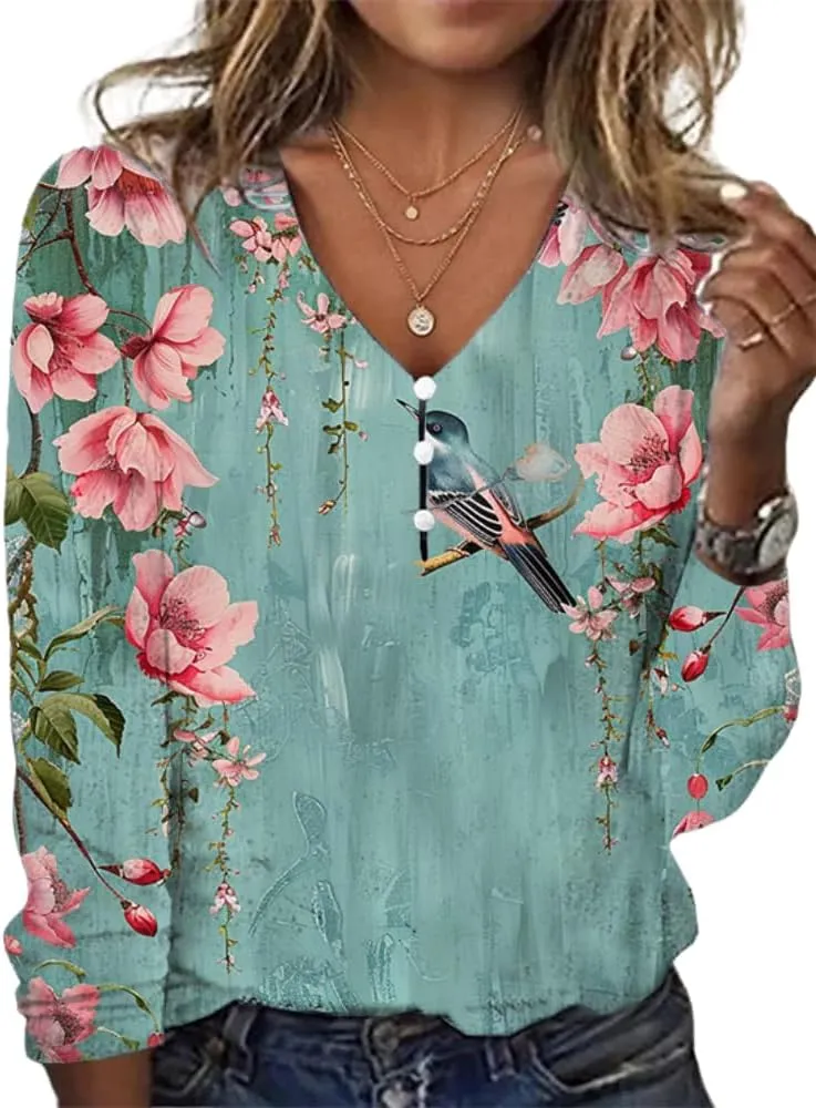 Womens Boho Floral Print Tops Dressy Slim Fit Vintage Womens Summer Tops V Neck Button Down Shirts for Women