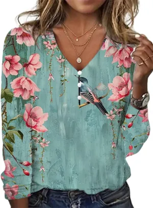 Womens Boho Floral Print Tops Dressy Slim Fit Vintage Womens Summer Tops V Neck Button Down Shirts for Women