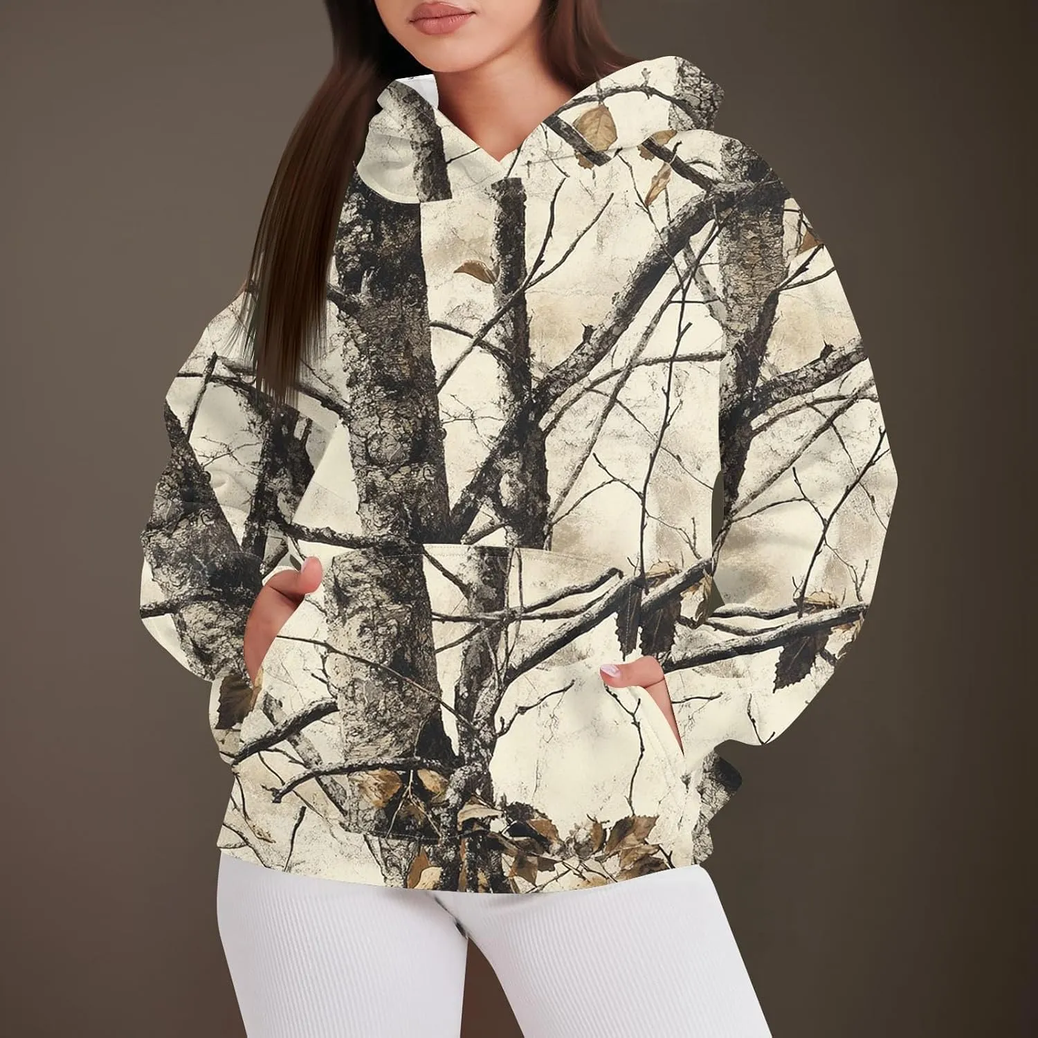 Womens Camo Hoodie Fall Winter Sweatshirt Maple Leaf Print Hoodie Drop Shoulder Long Sleeve Camo Shirt With Pocket