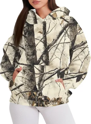 Womens Camo Hoodie Fall Winter Sweatshirt Maple Leaf Print Hoodie Drop Shoulder Long Sleeve Camo Shirt With Pocket